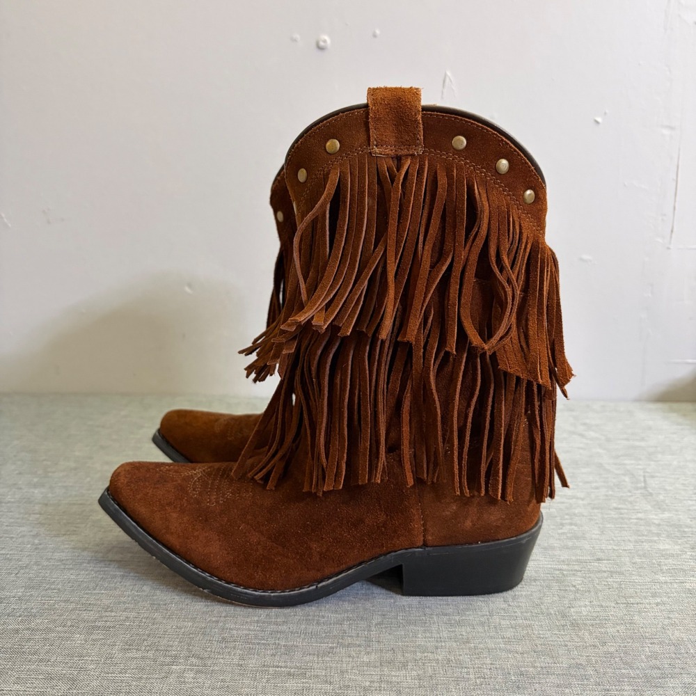 Shyanne Fringe Western Boots Girls Size 3 Brown Suede Leather Studded 43514C‎